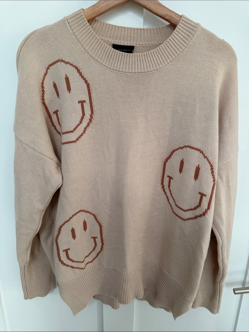Neutral Beige Smiley Crewneck Sweater